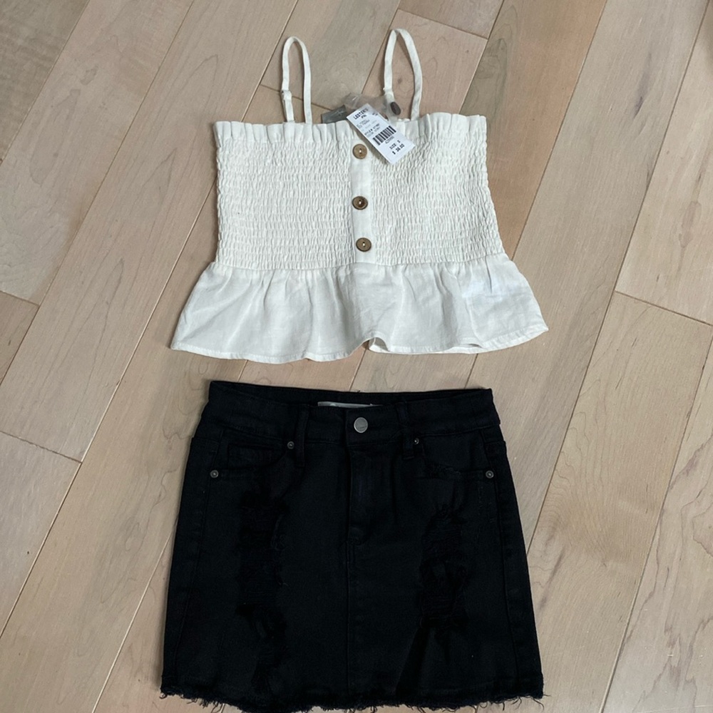 For All Seasons tank smocked top Tractr soft stretch denim jeans skirt